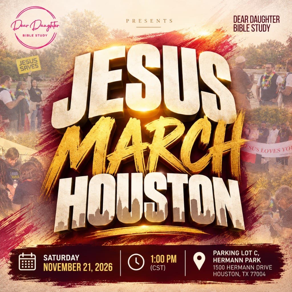 Jesus March Houston flyer — Saturday, November 21, 2026 at 1:00 PM CST, Parking Lot C, Hermann Park